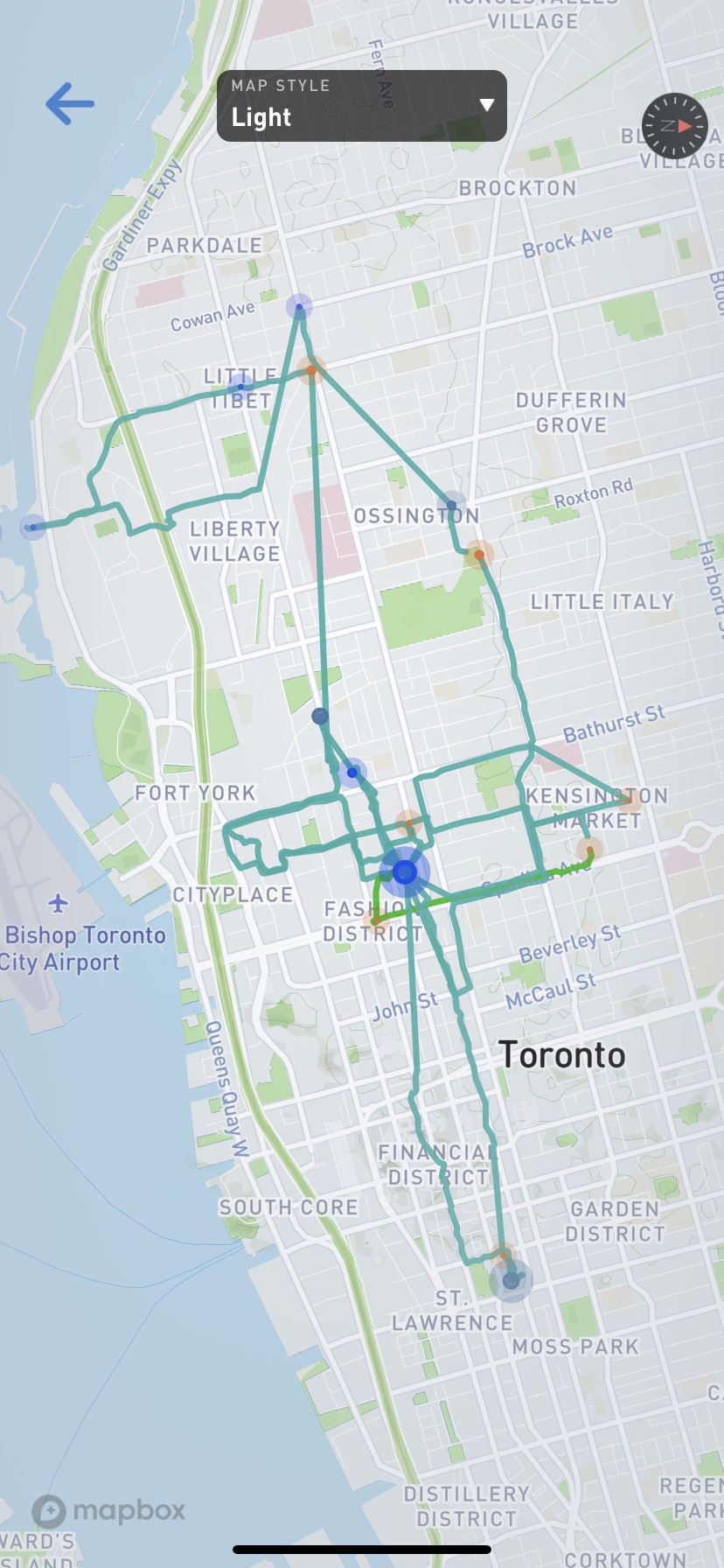 A map of Downtown Toronto eith tracks of where I've been this week. 