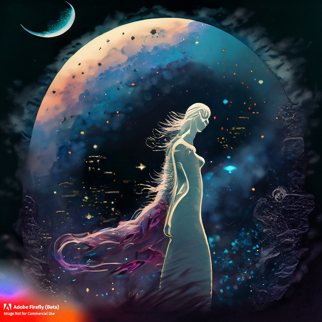 AI generated image with the prompt: “Alone at the edge of a universe humming a tune // For merely dreaming we were snow // A siren sounds like the goddess who promises endless apologies of paradise // And only she can make it right // So things are different tonight”