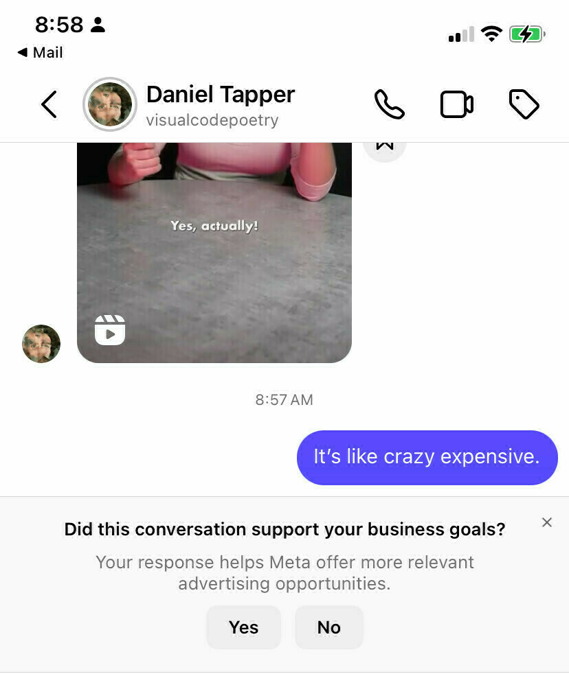 A screenshot of an Instagram chat conversation between Dan Tapper and me. At the bottom of the screen a quarter size modal appears asking “Did this conversation support your business goals?” And two buttons asking “Yes” or “No”.