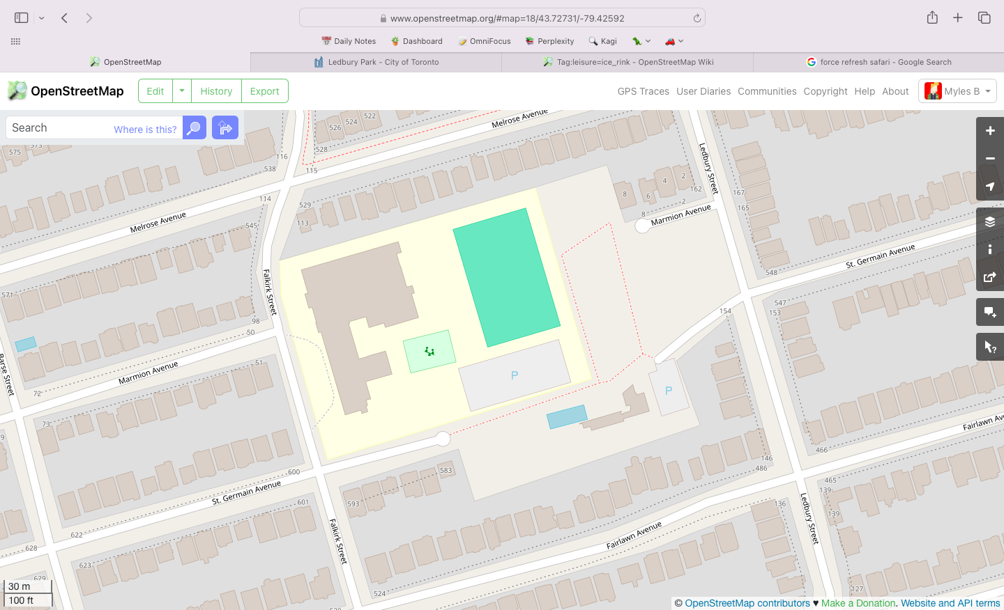An OpenStreetMaps view of Ledbury Park before I made some edits.