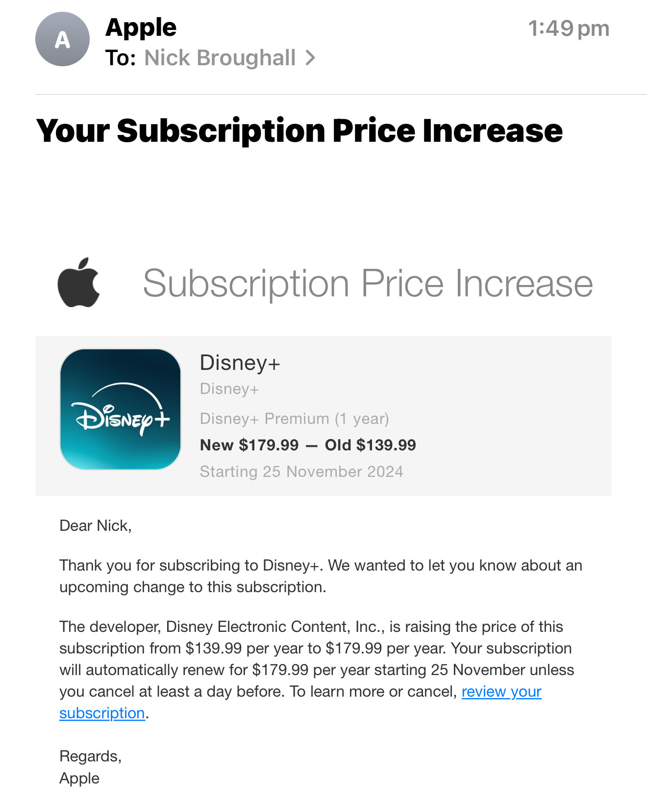 An email from Apple outlining a $40 a year price increase to Disney Plus.