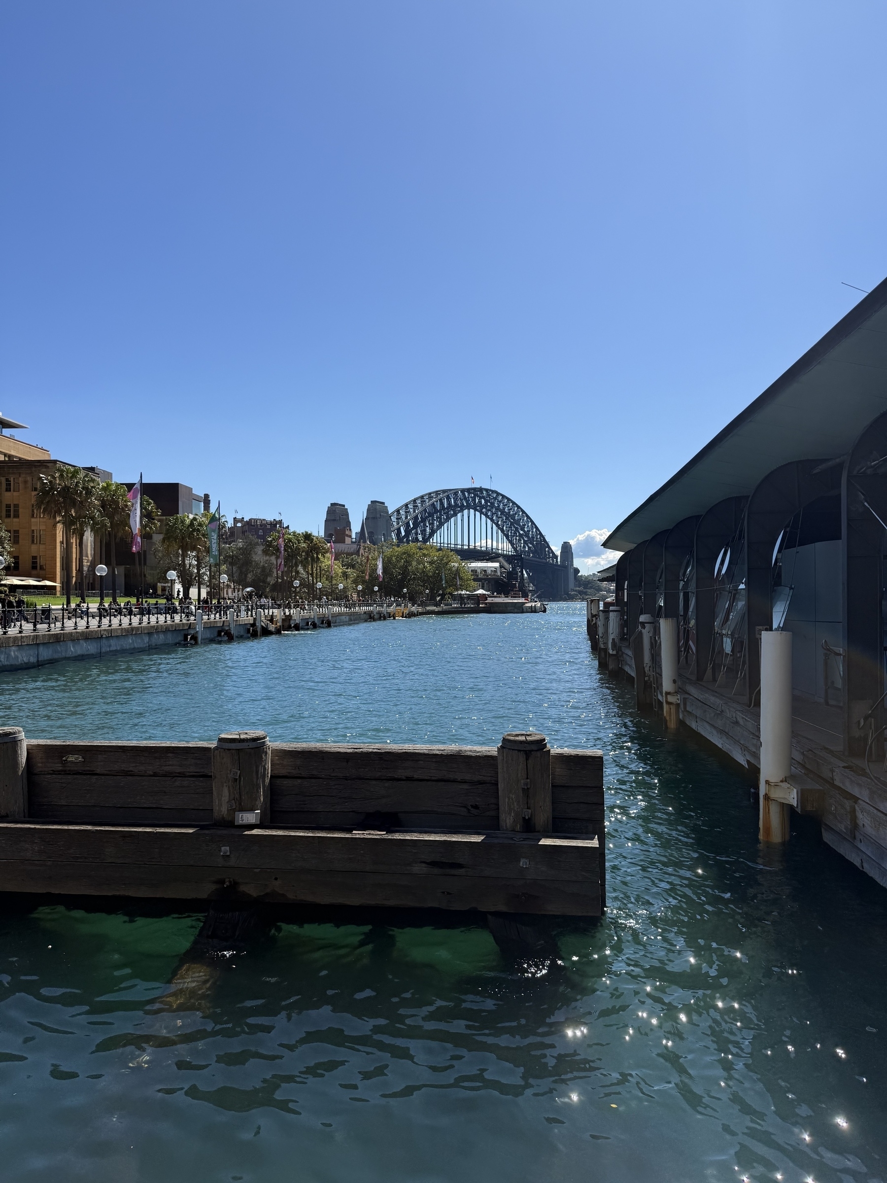 A glorious spring day looking at the Sydney harbour bridge from circular quay near the ferry terminals. 