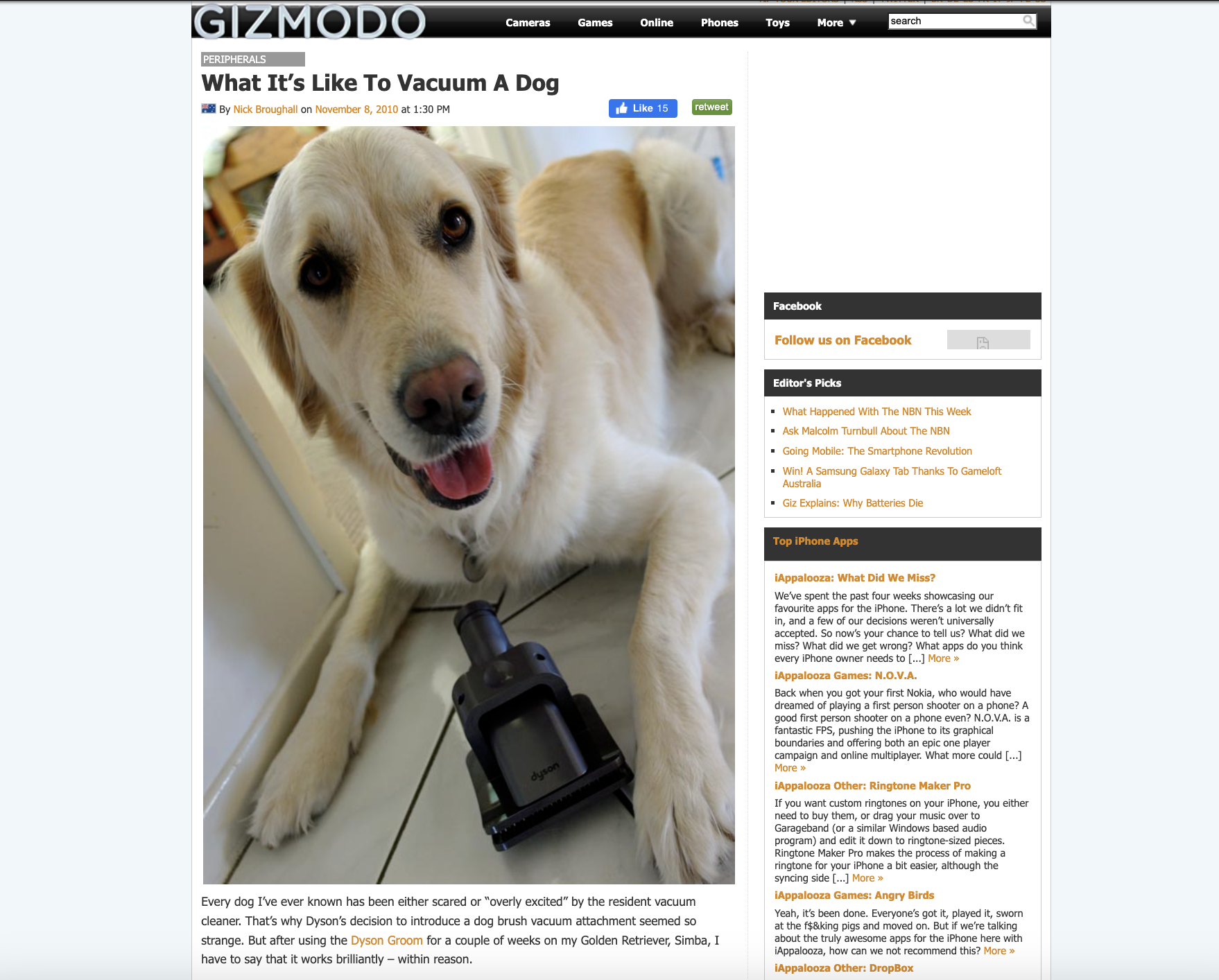 A screen shot of an article I wrote for Giz AU about vacuuming a dog, with the smiling face of my old Golden Retriever