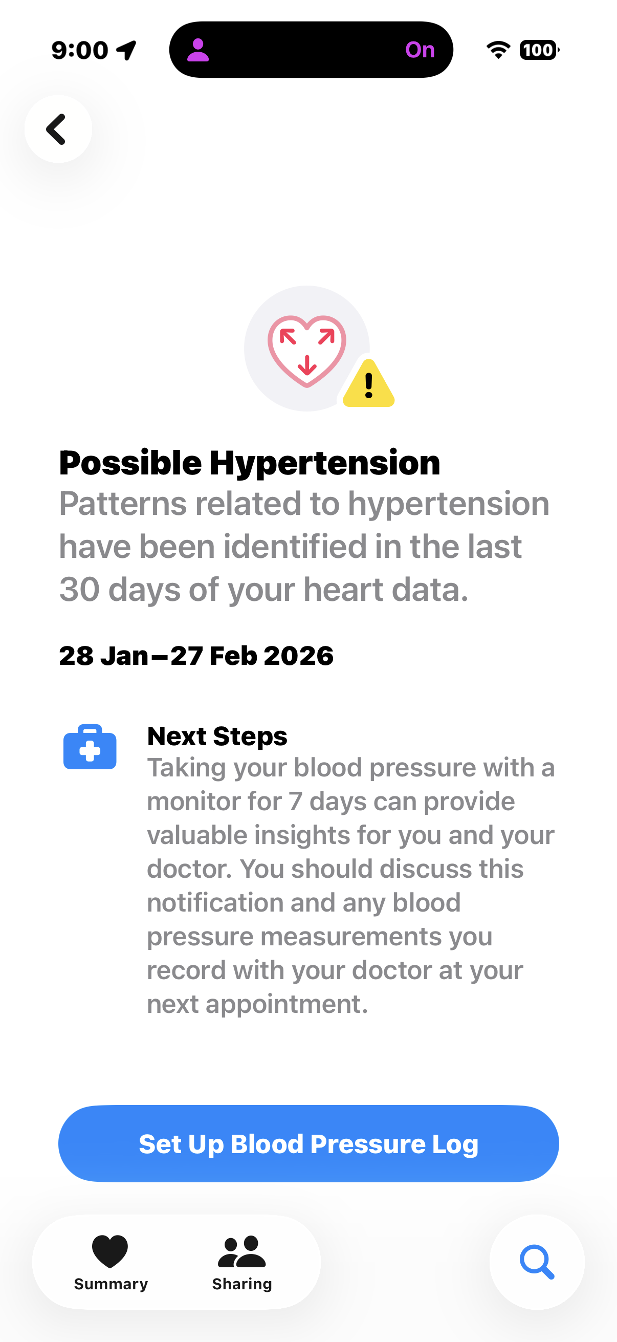 A screen shot of a “possible hypertension” notification from Apple health. 