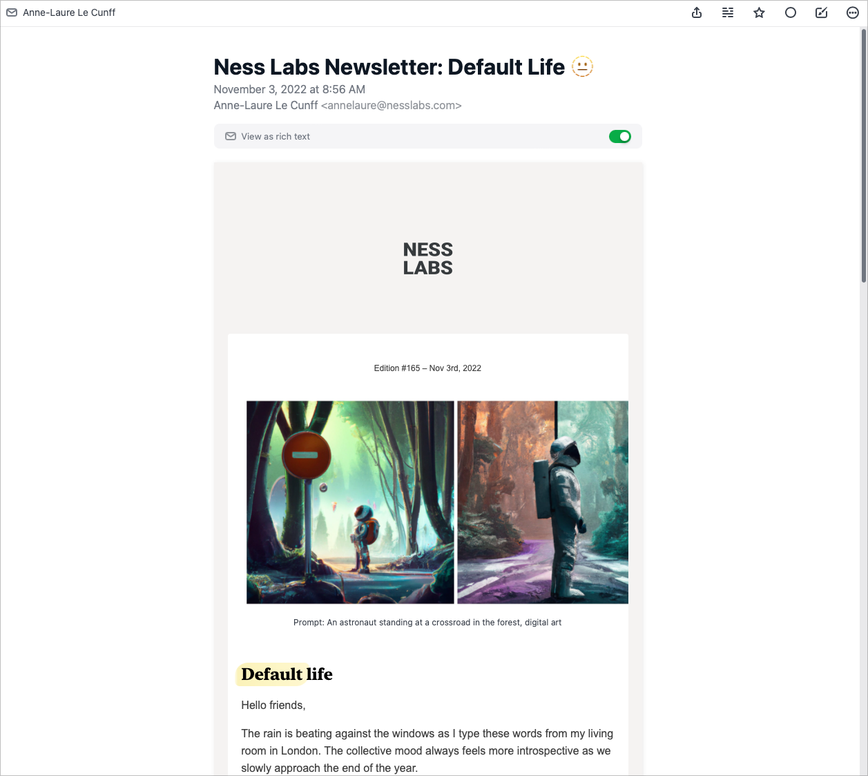 Example Ness Labs newsletter shown in Feedbin
