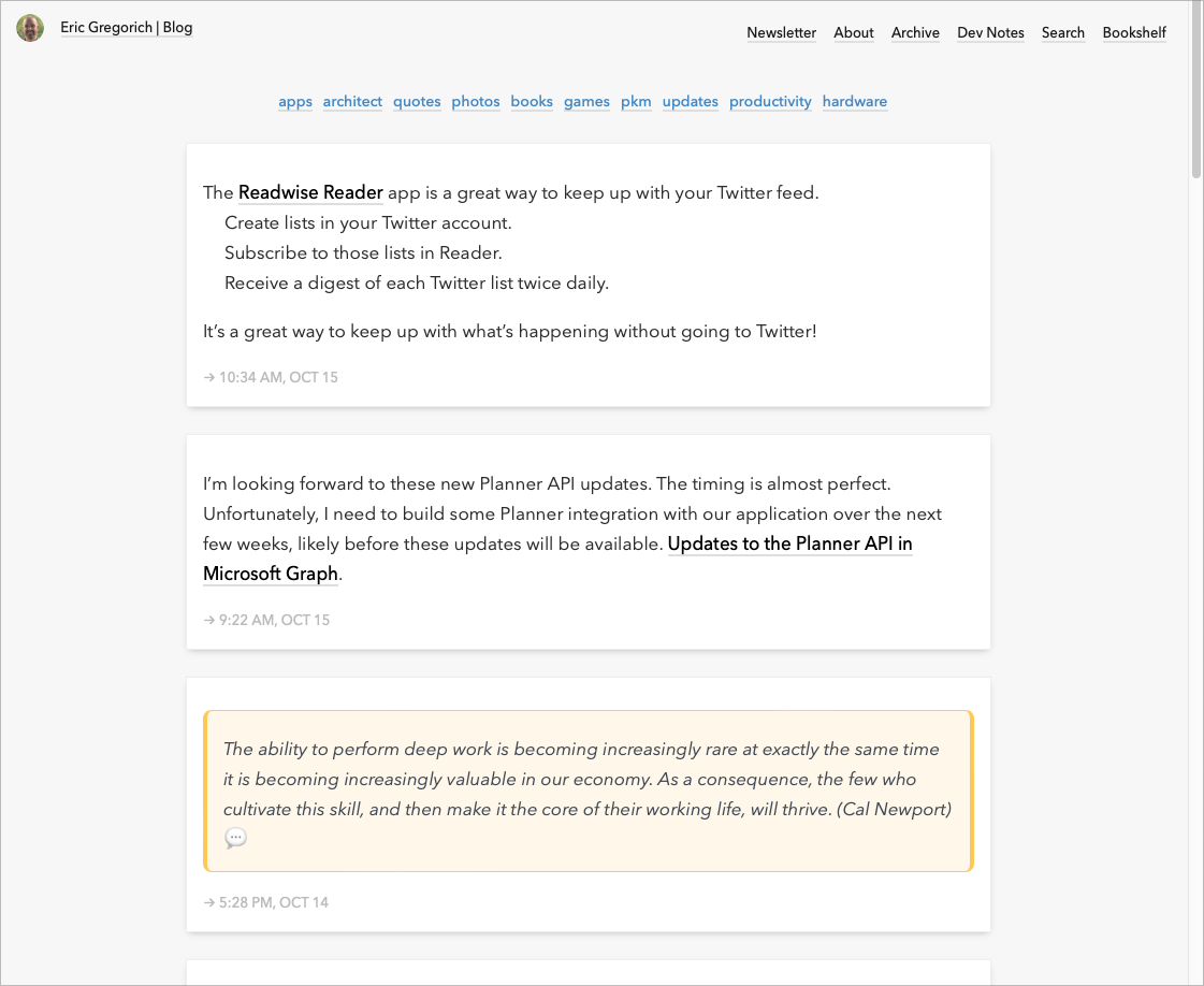 A screenshot of my blog home page style updates.