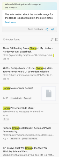 Screenshot showng results from Evernote AI Search