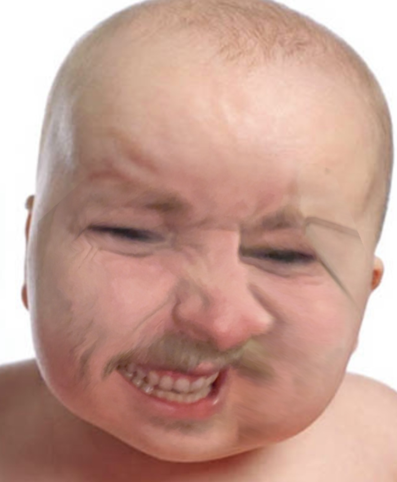 An ugly, AI-manipulated photo of a  man&#39;s face transformed into a baby&#39;s face