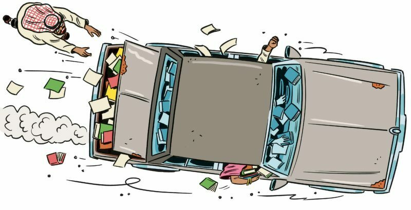151-OPENER-final-800x409.jpg An illustration of a man with a checkered white-and-red turban chasing after a sedan that has books flying out of its windows and trunk