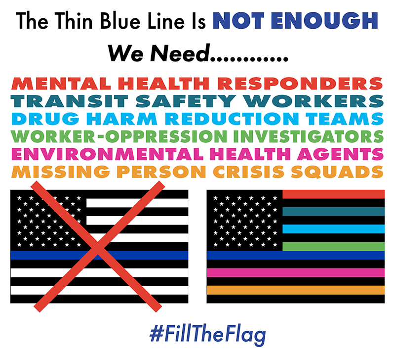 An image of a sign showing two flags, one with just one blue line crossed out, the other with a rainbow of colors. The text reads: "The Thin Blue Line Is NOT ENOUGH
We Need...........
MENTAL HEALTH RESPONDERS
TRANSIT SAFETY WORKERS
DRUG HARM REDUCTION TEAMS
WORKER-OPPRESSION INVESTIGATORS
ENVIRONMENTAL HEALTH AGENTS
MISSING PERSON CRISIS SQUADS"
