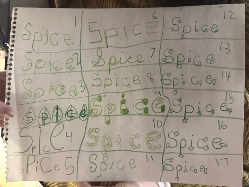 IMG_0976.jpeg.png A child's drawing of the word "Spice" in 17 variations of font