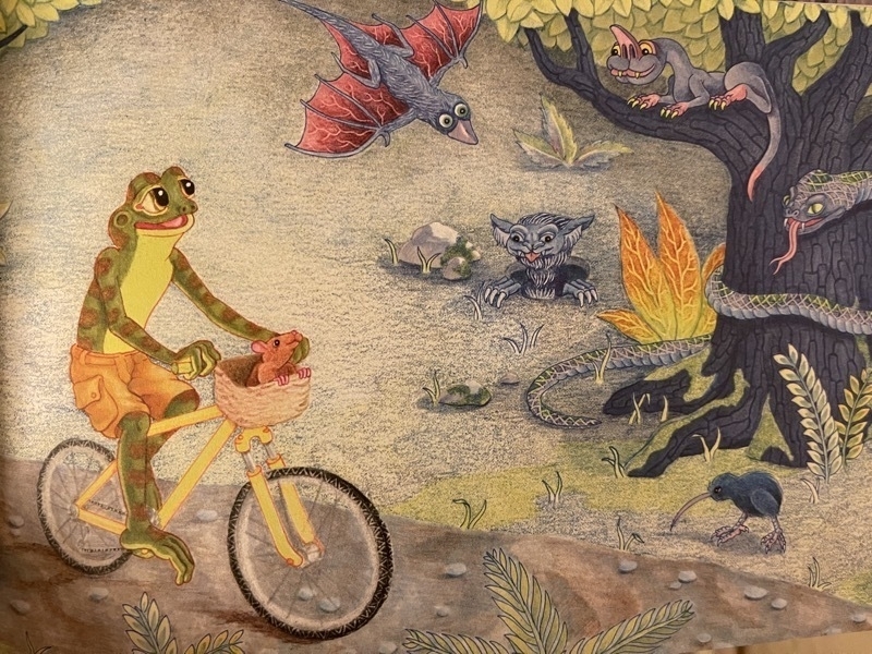 An illustration of a frog riding a bicycle through an enchanted forest where bats fly overhead and snakes circle trees