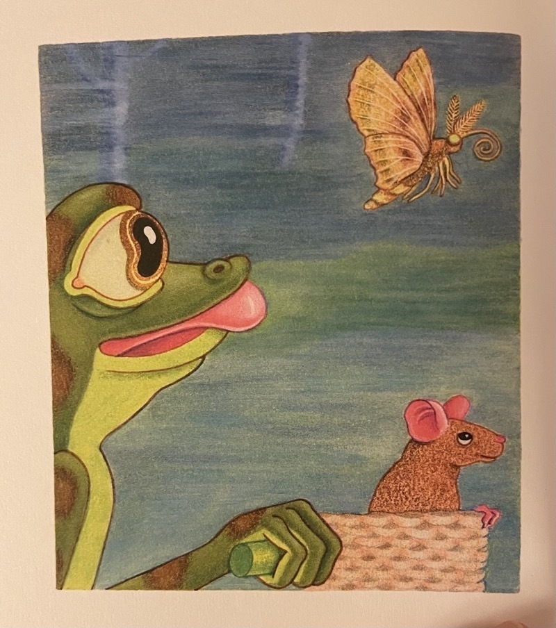 Panel 2: The frog sees a moth, tongue starts coming out.