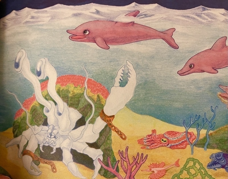 An illustration of an albino crab coming out of a cave, with broken manacles on the big claws, and two pink dolphins swimming above.