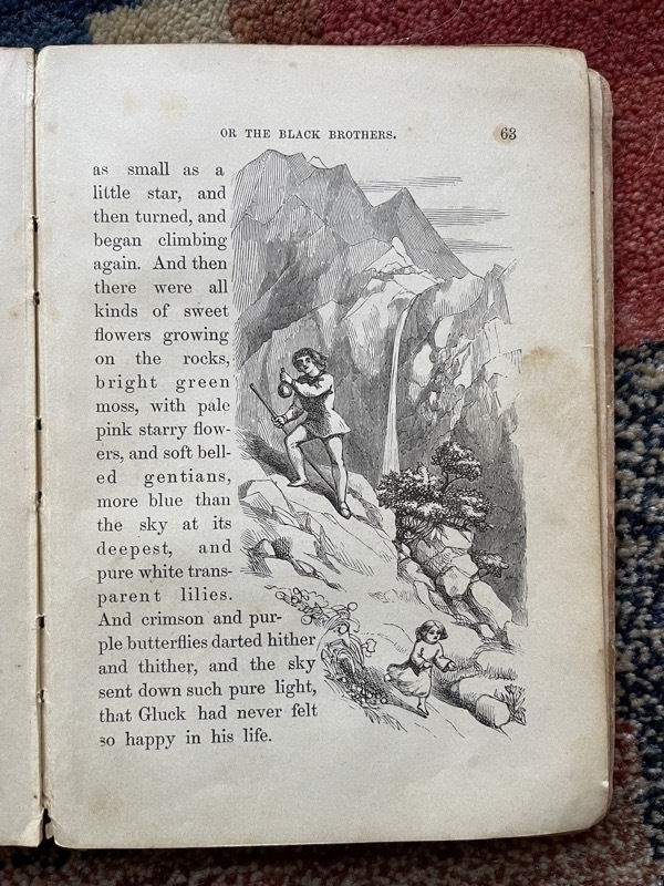 A photo of a page from a book with an engraving of a young man climbing a mountain with a waterfall behind him