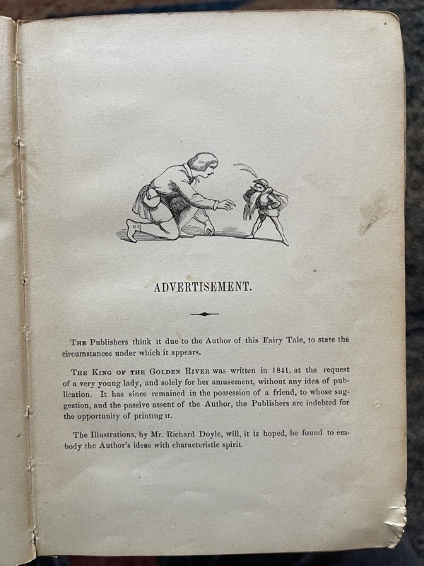 A photo of a page of an old book with an engraving and the words ADVERTISEMENT and some text.