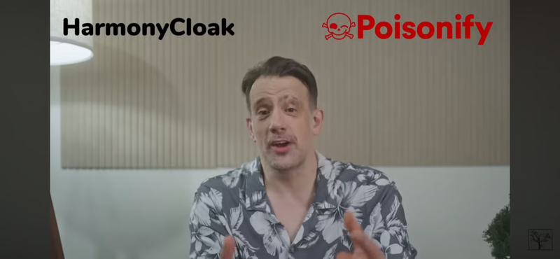 A still from a YouTube video showing Benn Jordan gesturing while the screen is overlaid with the logos for HarmonyCload and Poisonify