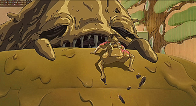 A still from the movie Spirited Away showing a young girl climbing a giant bath tub which houses a brown, goopy monster