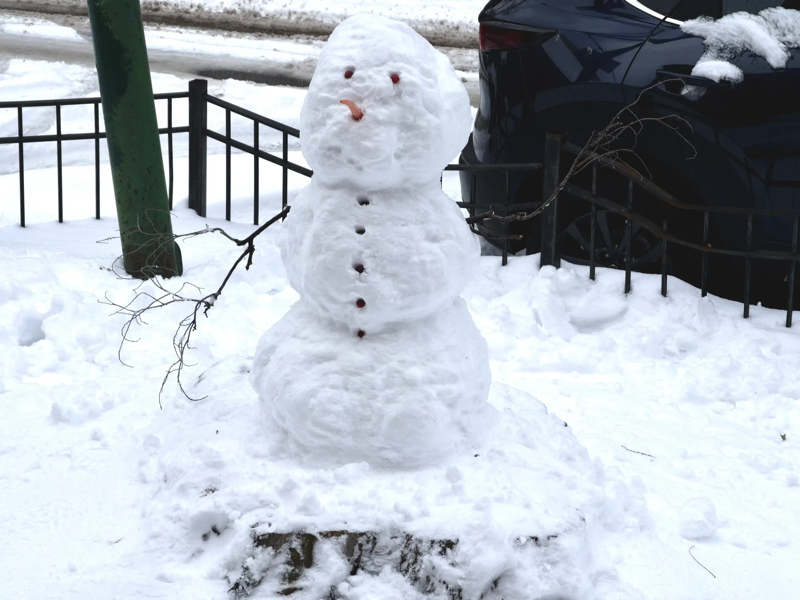 A photograph of a snowman standing on a stump