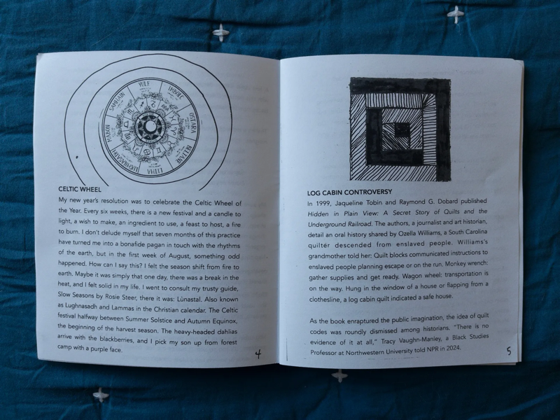 McCollZine.png A photo of a zine spread out on a blue quilt so that on the left page you can see a spiral above text and on the right page you can see a quilt pattern