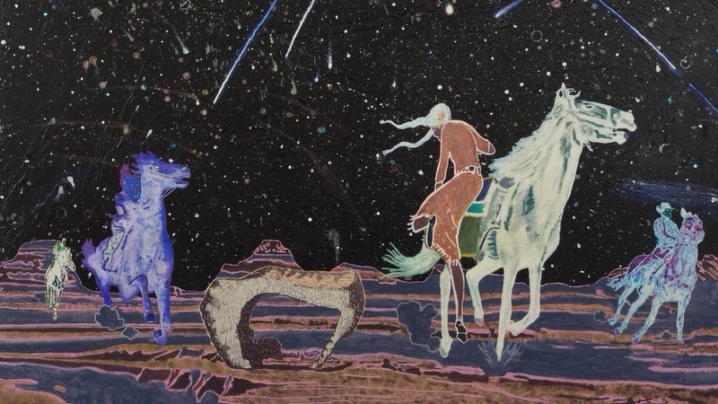 A painting by Aaron Morse showing a figure riding a horse side saddle, several other odd-tinted horses ride across the plain, the sky is black with multiple meteors