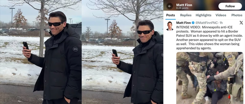 A sequence of three pictures showing a reporter holding his phone and smirking as he takes a picture of something, and then the third frame shows what he posted on X: "INTENSE VIDEO: Minneapolis anti-ICE
protests. Woman appeared to hit a Border
Patrol SUV as it drove by with an agent inside.
Another person appeared to spit on the SUV
as well. This video shows the woman being
apprehended by agents." 