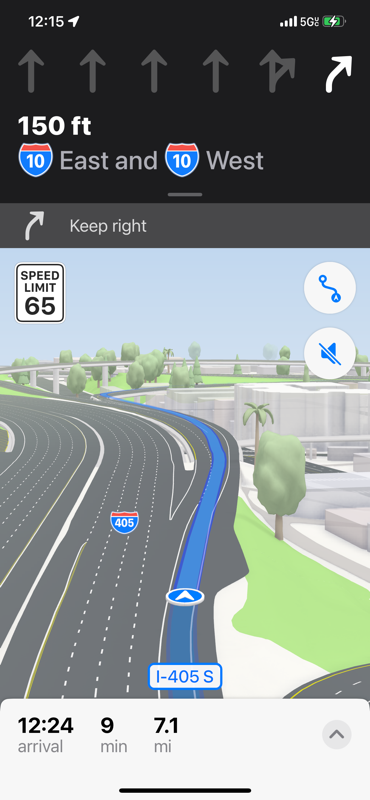 A screenshot of a GPS instructions showing the roadway and instructing the driver to get in the far right lane and to get on the road "10 East and 10 West"