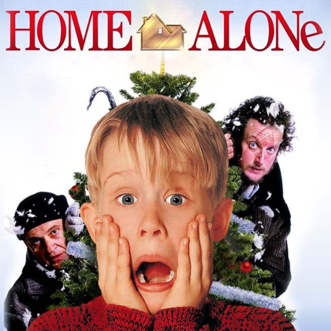 Home Alone (movie from 1990) poster, with the main character screaming and the two robbers behind him.
