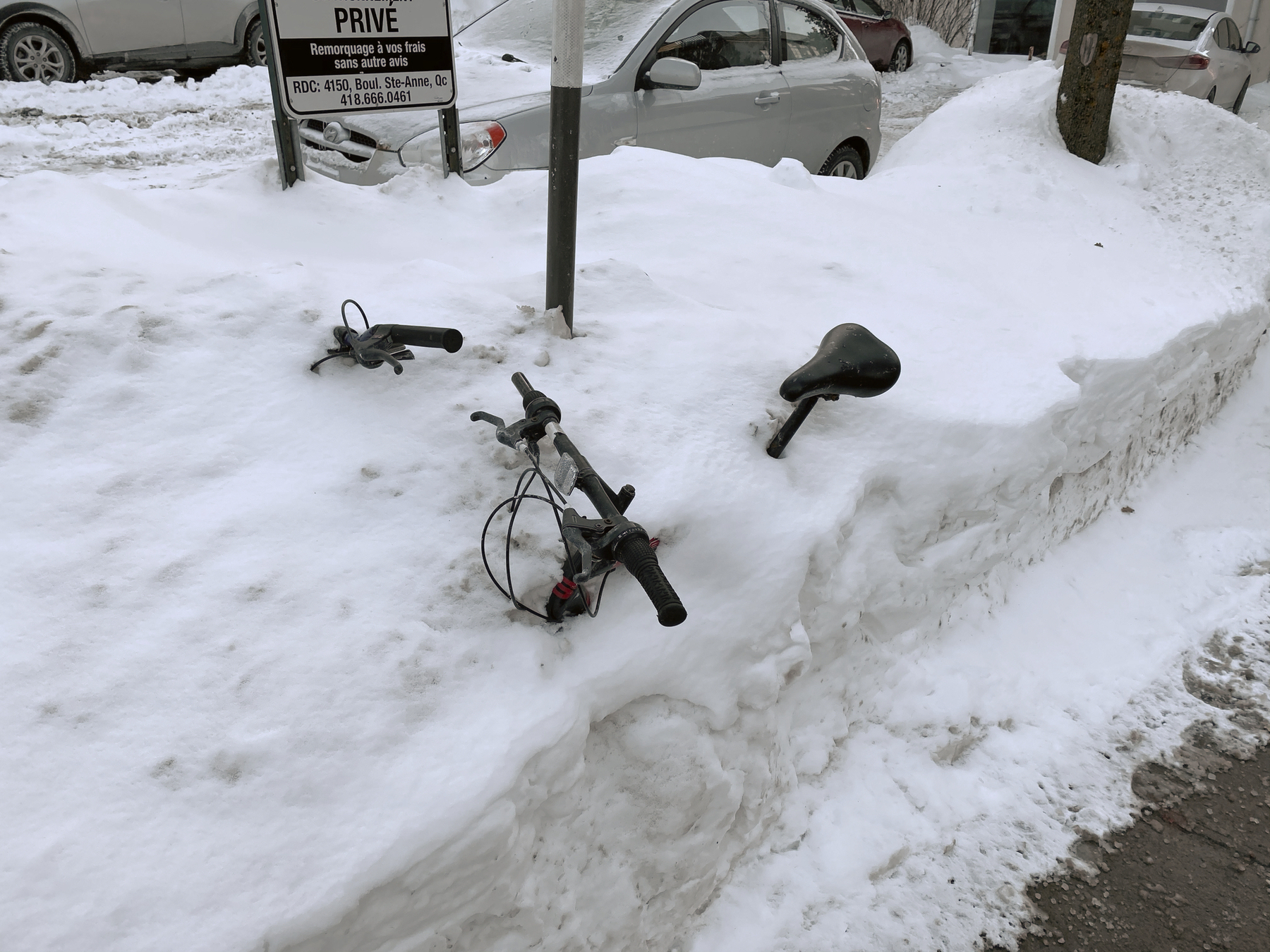 Two bibles in the snow, one showing the handle-bars and the seat, while the other, only one of the handle-bars is poking out of the snow. The sidewalk is visible in the lower-right of the photo and cars are in the upper-left, along with a sign in French.