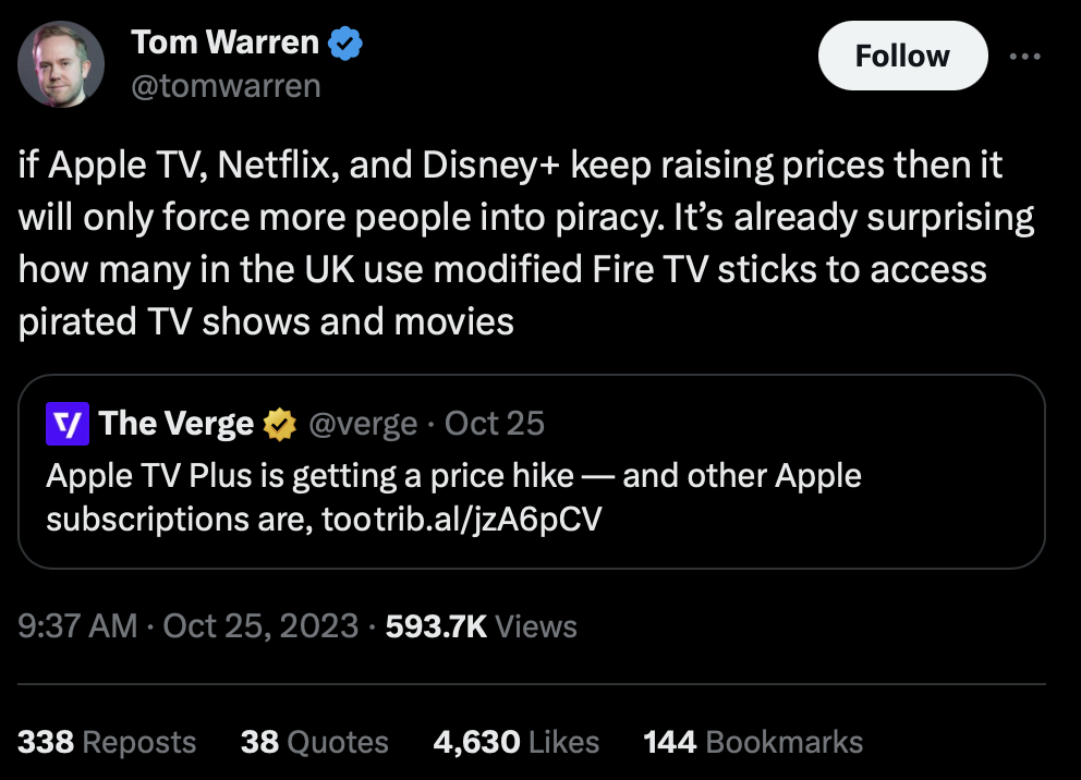 Screen grab of a Tweet from Tom Warren, with the following verbiage: if Apple TV, Netflix, and Disney+ keep raising prices then it will only force more people into piracy. It's already surprising how many in the UK use modified Fire TV sticks to access pirated TV shows and movies