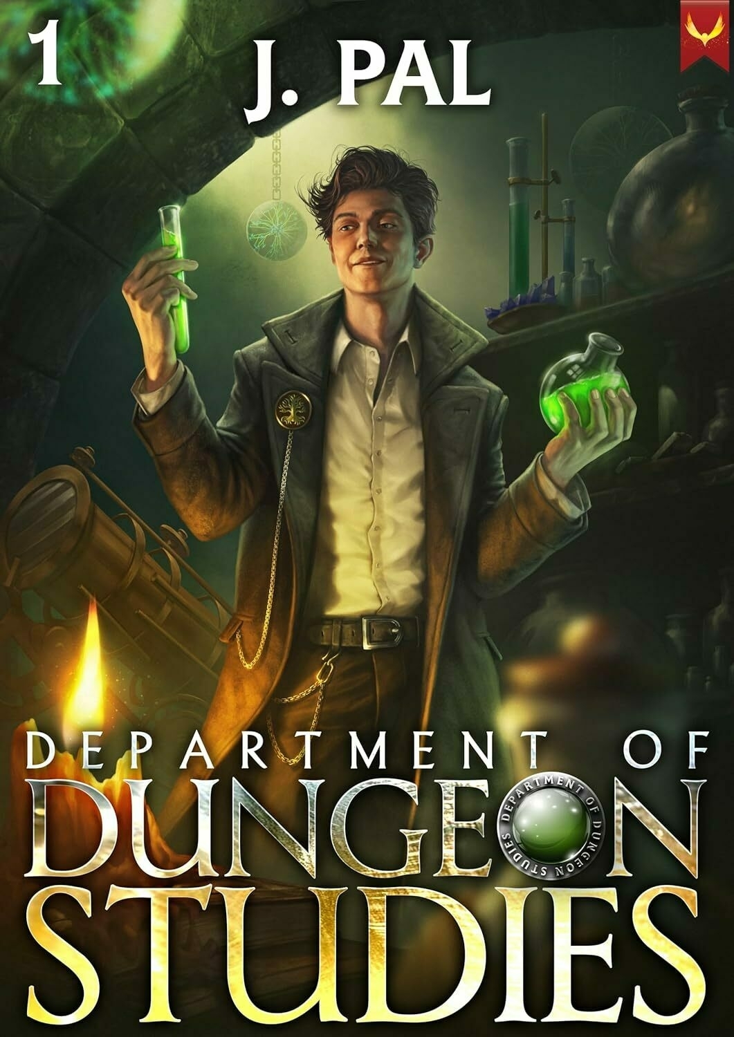 A smiling young man holds glowing vials in a stone-walled room filled with potion bottles, under the title 'Department of Dungeon Studies' and the author name 'J. PAL.'
