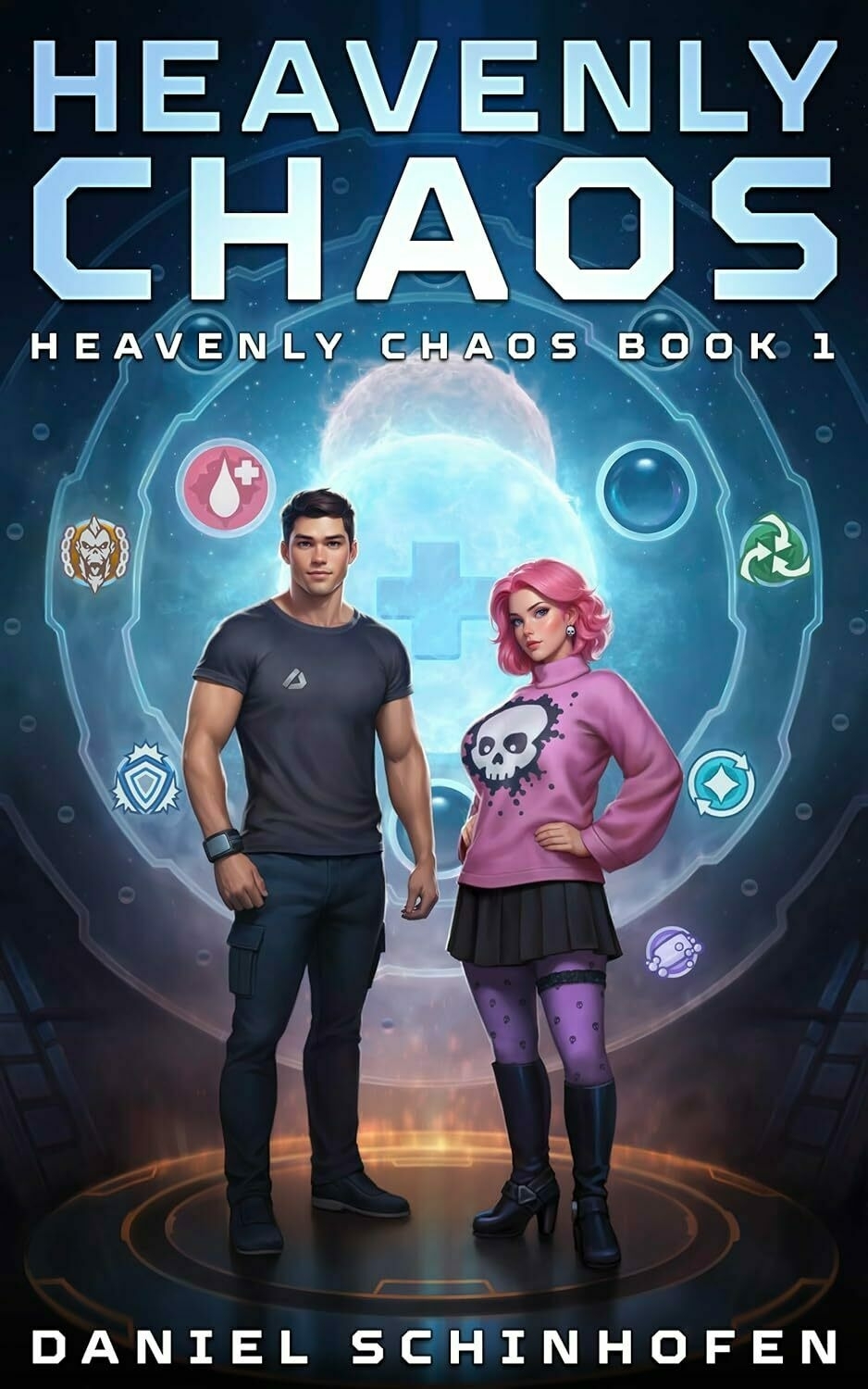 A man and a woman stand confidently against a cosmic backdrop with symbols around them. Text: 'HEAVENLY CHAOS HEAVENLY CHAOS BOOK 1 - DANIEL SCHINHOFEN'.