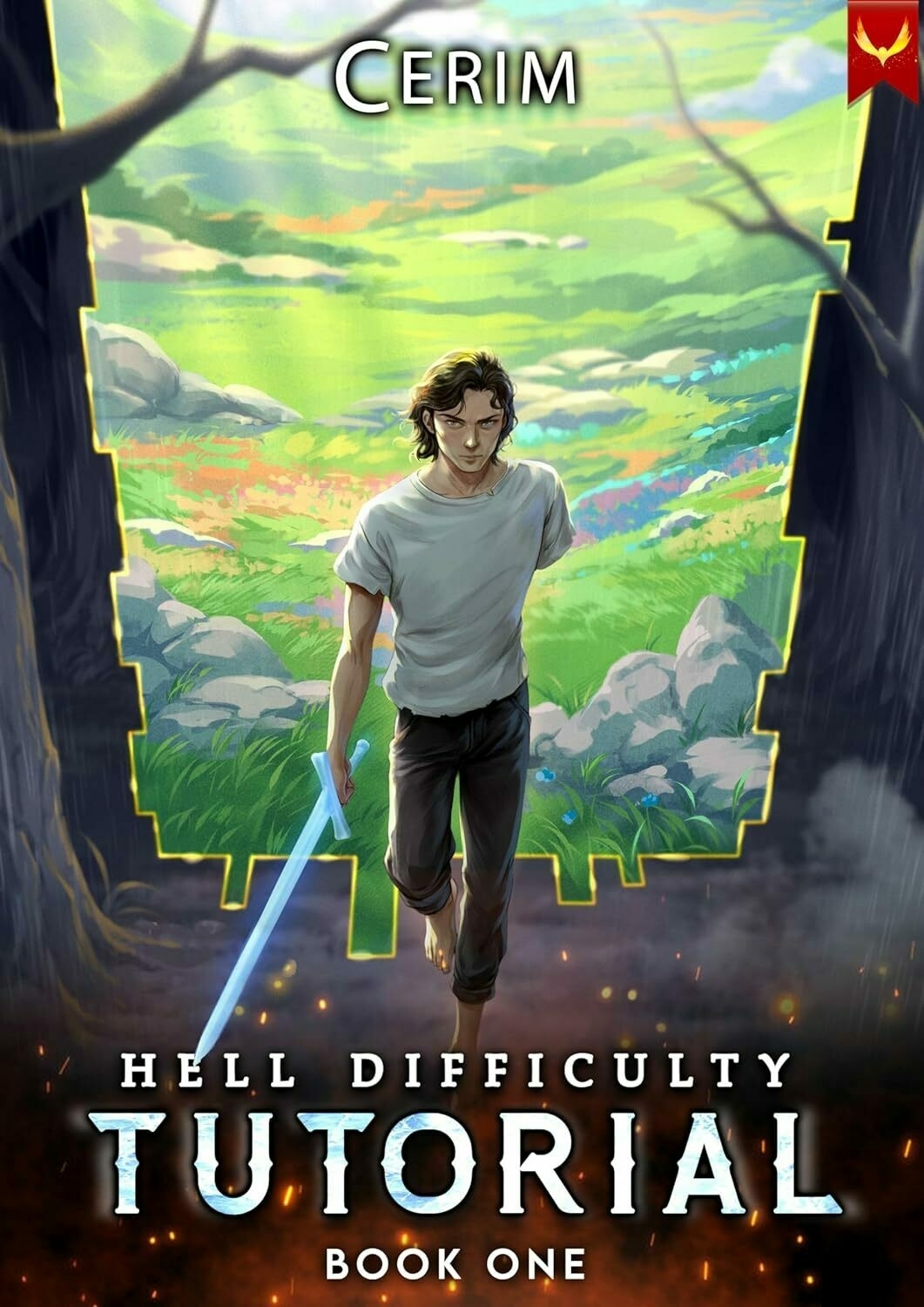 A drawn figure walks forward with a glowing sword, set against contrasting scenes of a bright, tranquil landscape and a dark, fiery abyss. Text reads 'CERIM HELL DIFFICULTY TUTORIAL BOOK ONE'.