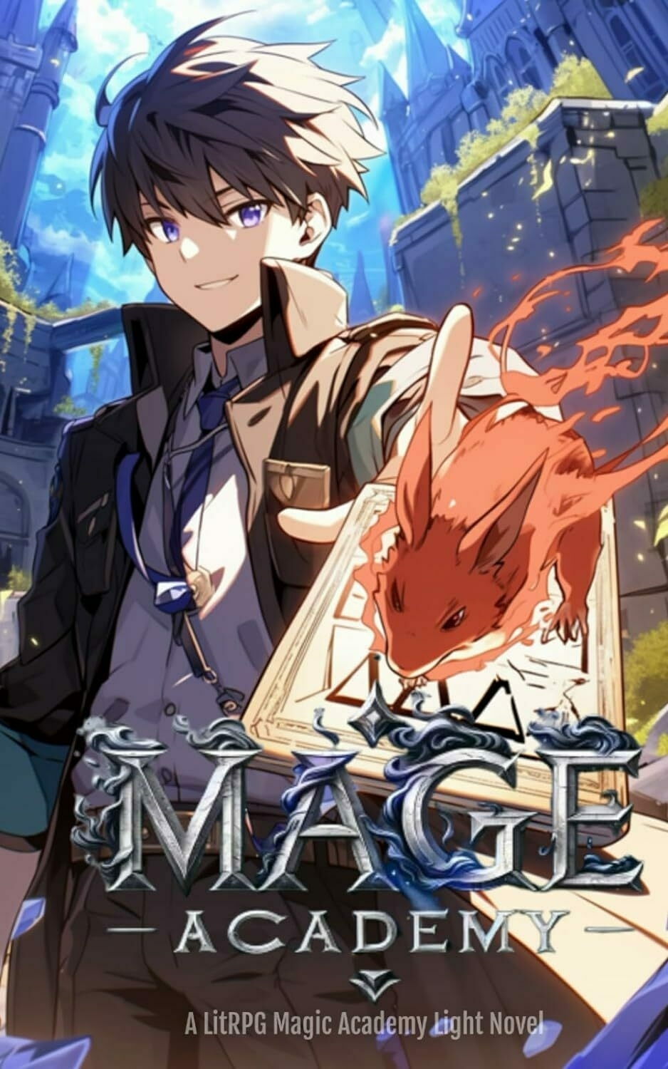 A smiling young man stands with a fiery, fox-like creature perched on an open book, against a backdrop of a fantasy academy. Text reads: 'MAGE ACADEMY A LitRPG Magic Academy light Novel'.