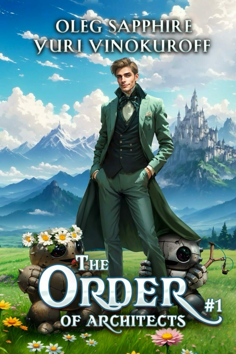 A well-dressed man stands confidently amidst a picturesque landscape with mountains and a castle in the background, next to a robot covered in flowers. Text reads 'OLEG SAPPHIRE YURI VINOKUROFF THE ORDER OF ARCHITECTS #1'.