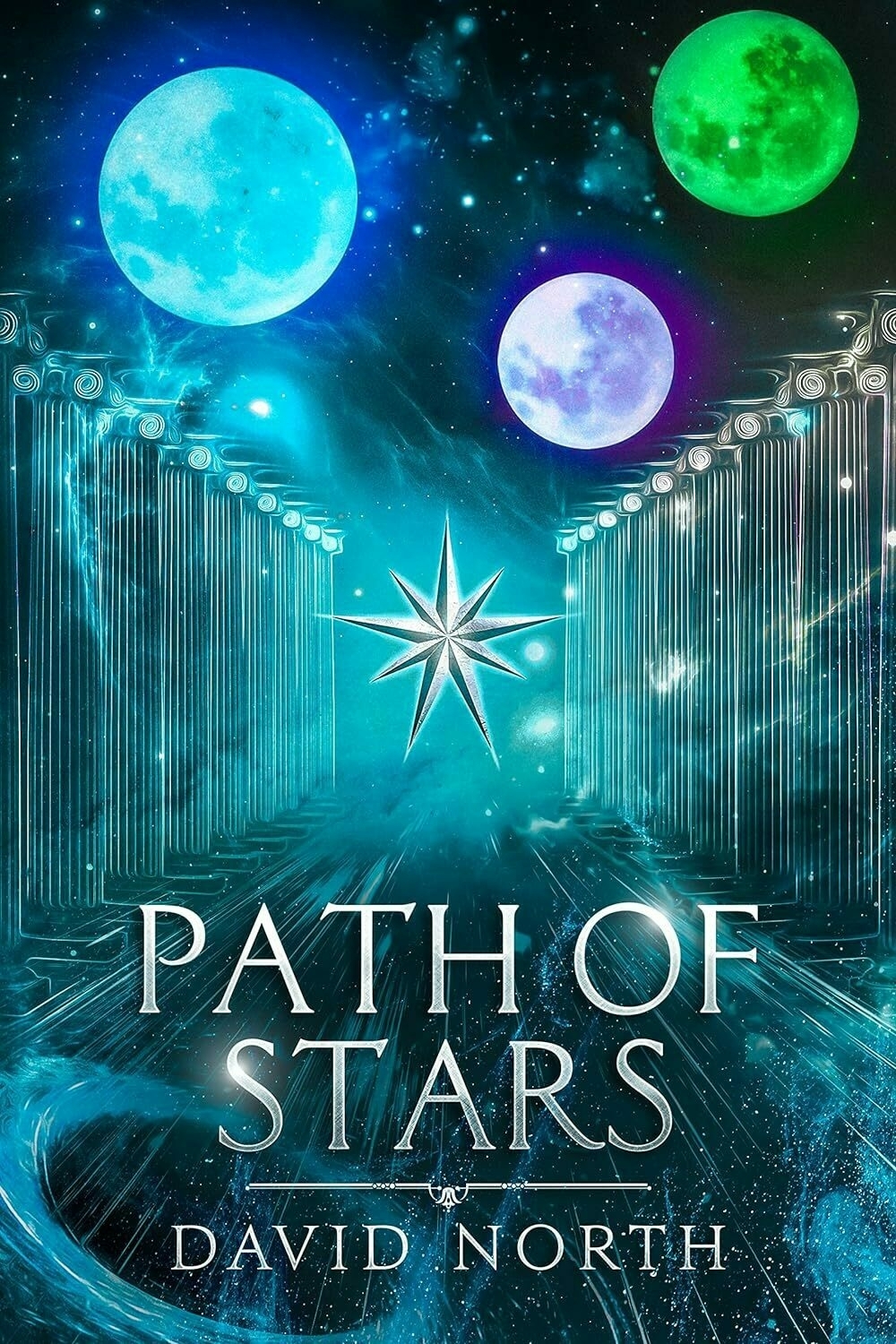 A book cover displays 'PATH OF STARS' in large letters with the author's name 'David North' below. Three moons, a compass rose, and celestial elements set against a starry sky above classical columns.