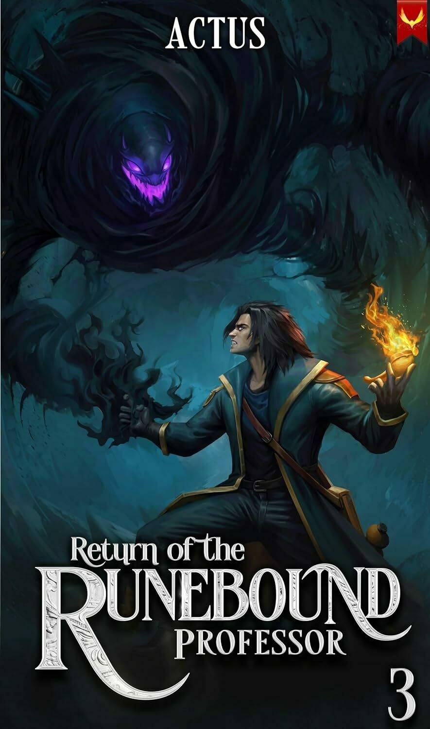 A man conjures fire in his hand, facing a swirling dark vortex with a glowing, menacing entity inside it. Text: 'ACTUS Return of the RUNEBOUND PROFESSOR 3'.