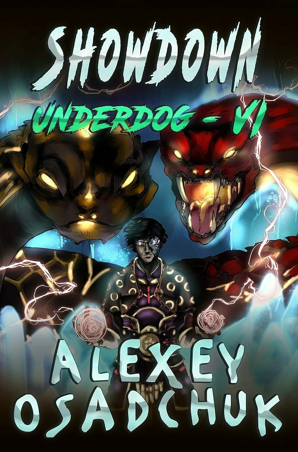 A person with glowing powers stands prepared in front of two menacing beasts, one golden and one red, in a dark, mystical setting. Text reads: 'SHOWDOWN UNDERDOG - VI' and 'ALEXEY OSADCHUK.'