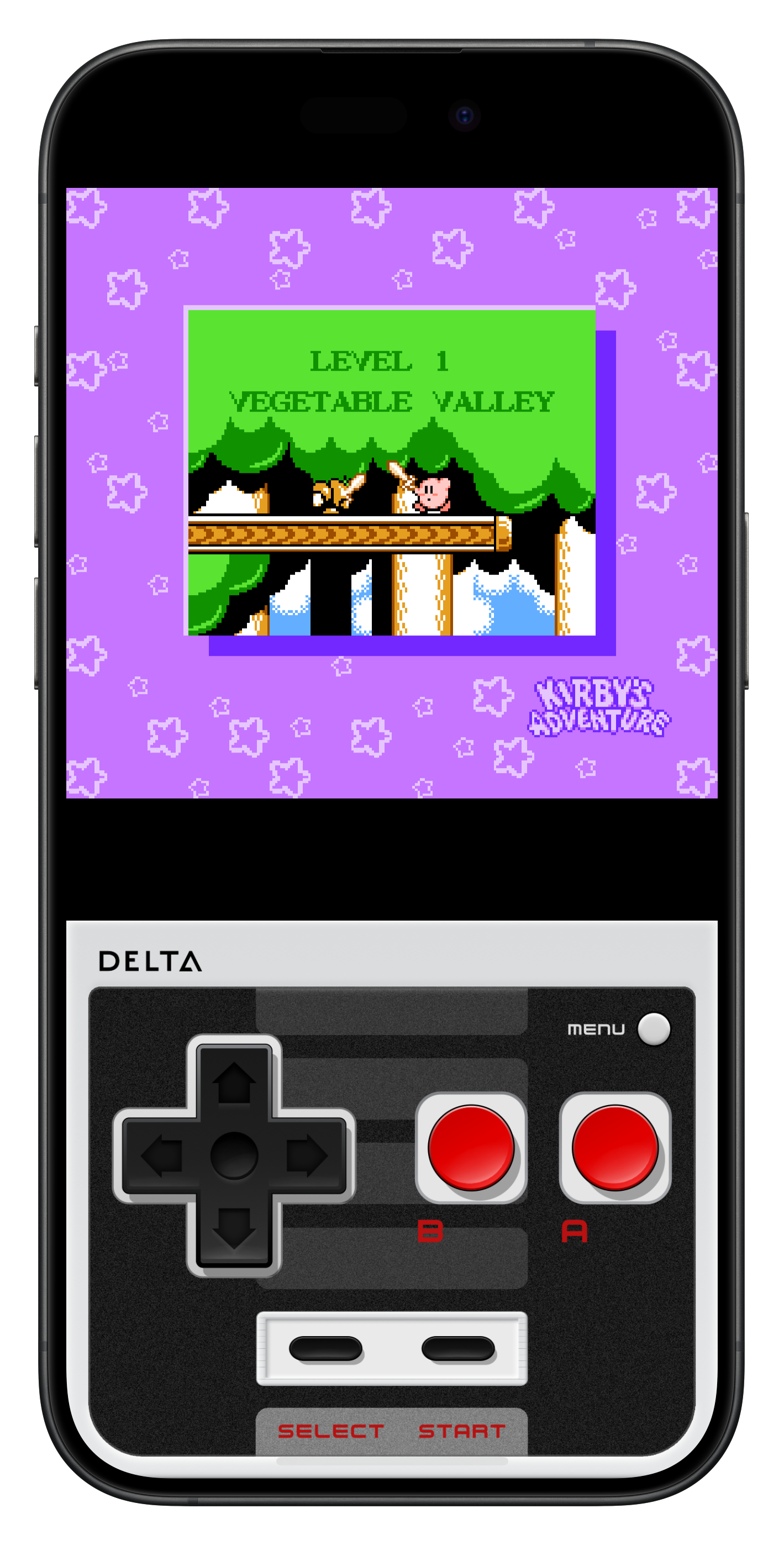 A smartphone displays 'LEVEL 1 VEGETABLE VALLEY' from the game 'Kirbys Adventure' on the NES, showing a retro game emulation interface with controls.