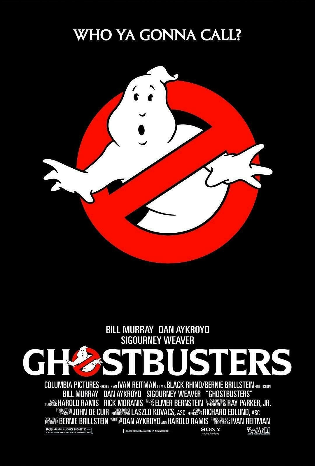 A promotional poster for the movie Ghostbusters features the iconic ghost logo with the tagline Who Ya Gonna Call? at the top.