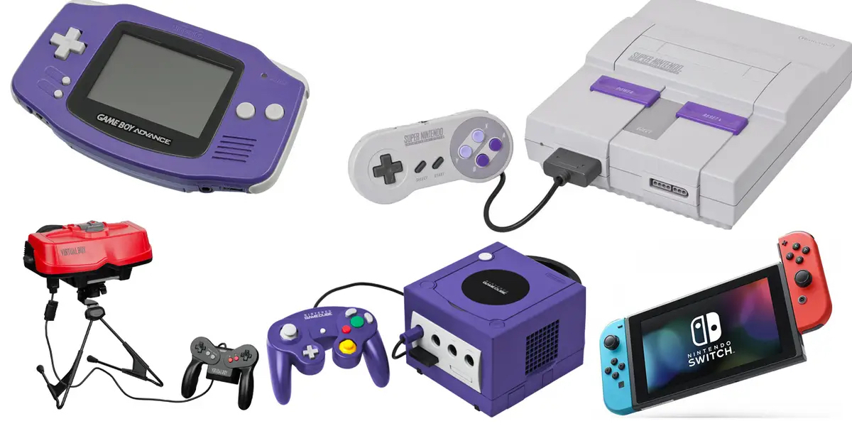 Various Nintendo gaming consoles and handhelds, displayed against a white background, showcasing the evolution of video game systems.