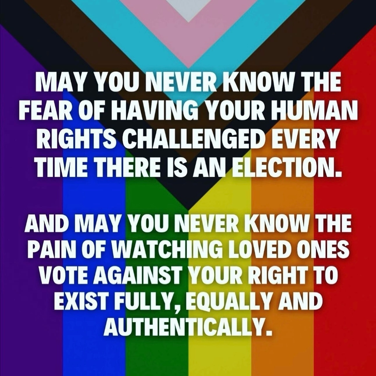 Text over a multicolored pride-rainbow background reads: 'MAY YOU NEVER KNOW THE FEAR OF HAVING YOUR HUMAN RIGHTS CHALLENGED EVERY TIME THERE IS AN ELECTION. AND MAY YOU NEVER KNOW THE PAIN OF WATCHING LOVED ONES VOTE AGAINST YOUR RIGHT TO EXIST FULLY, EQUALLY AND AUTHENTICALLY.'