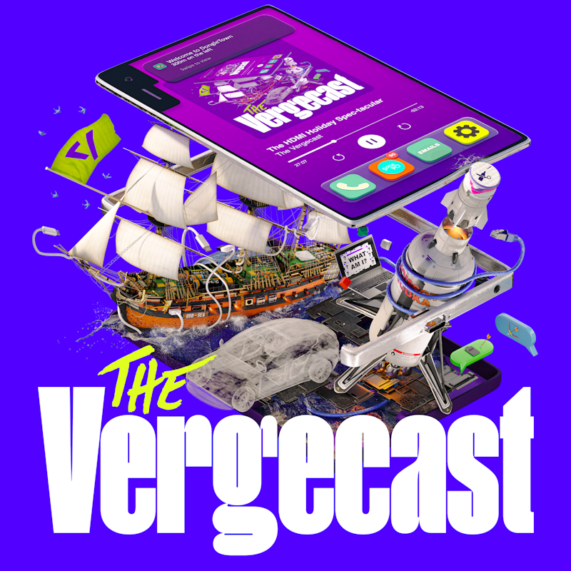 A digital tablet displaying the title &lsquo;The Vergecast&rsquo; is central, atop a collage of a ship, rocket, car, and electronics on a purple background.