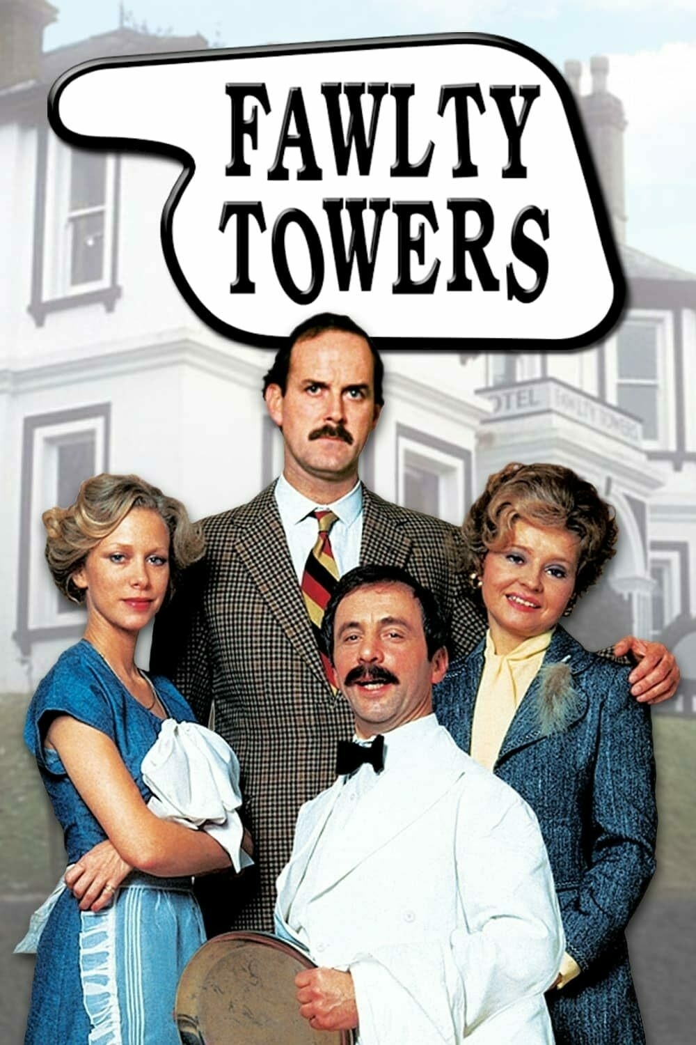 Four people pose in front of a building, with 'FAWLTY TOWERS' in a speech bubble above. Two men in suits and two women in dresses, one carrying a cloth.