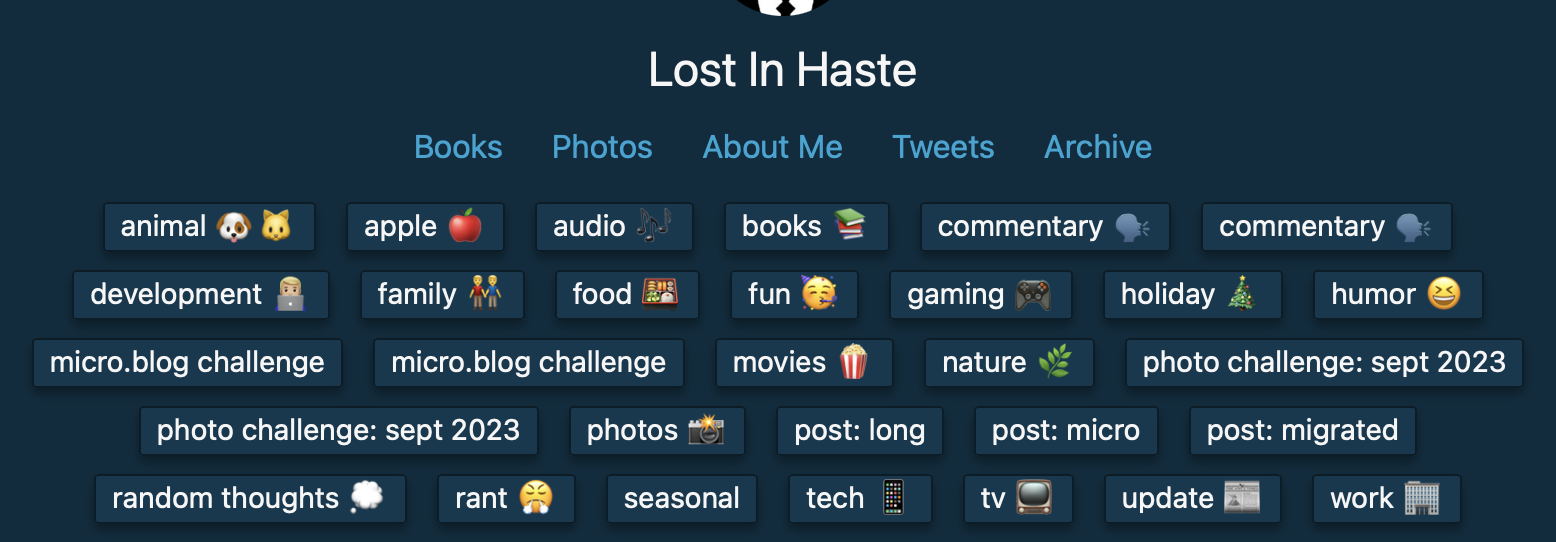 Tag buttons with emojis and text such as 'animal', 'apple', 'audio' on a webpage titled 'Lost In Haste' under navigation links like 'Books', 'Photos', 'About Me'.