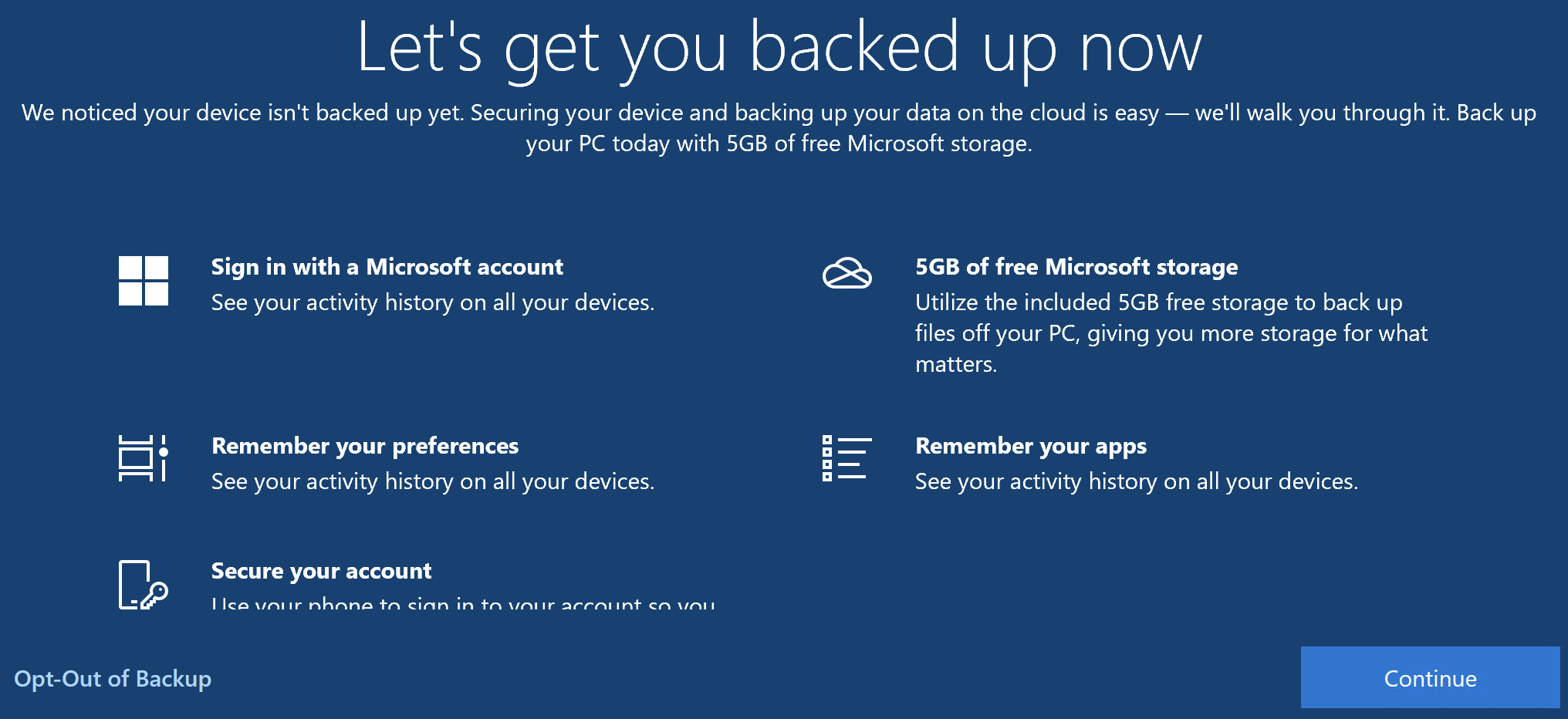 Auto-generated description: A Microsoft notification offers users 5GB of free storage with options to sign in, remember preferences, remember apps, and secure their account.