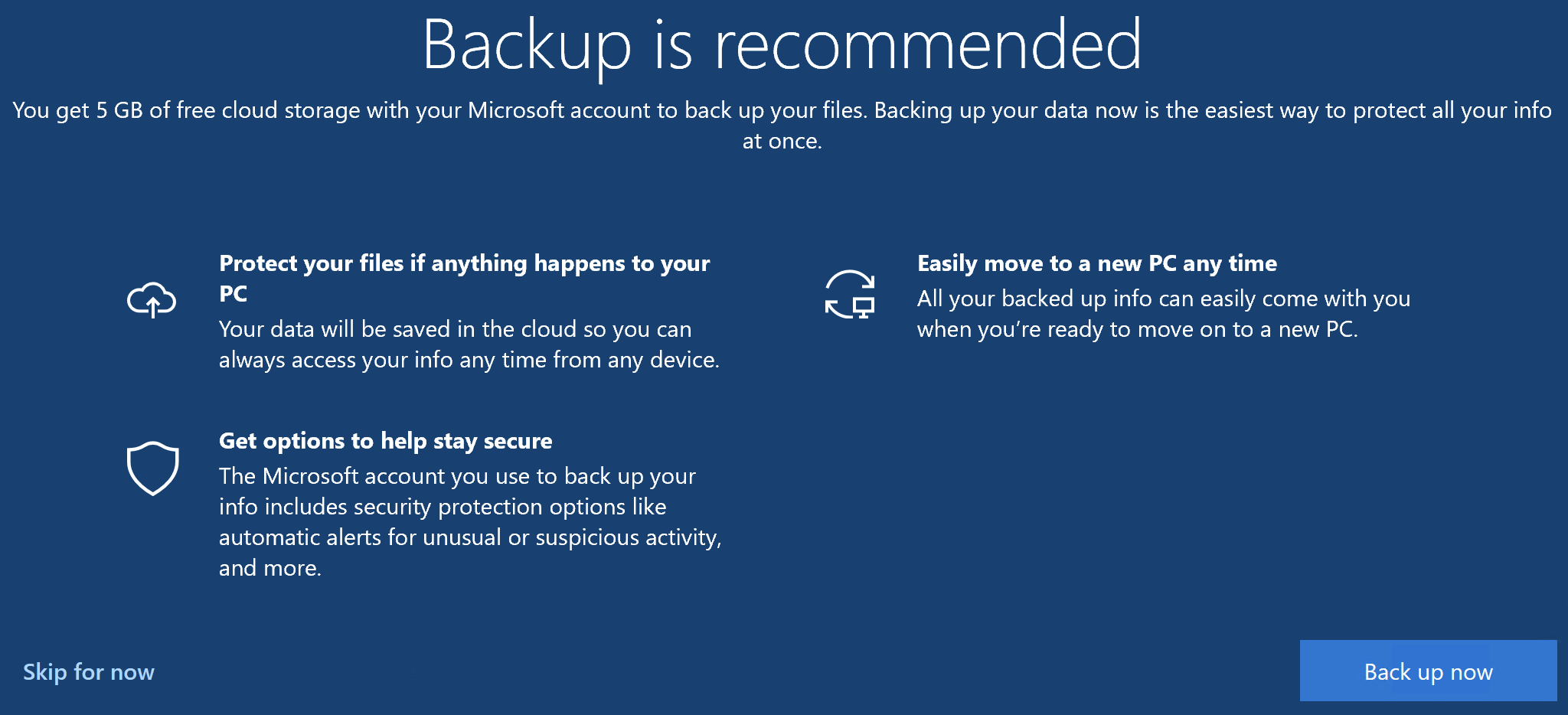 Auto-generated description: A message recommends backing up data with 5 GB of free cloud storage, emphasizing protection, easy PC migration, and security options.