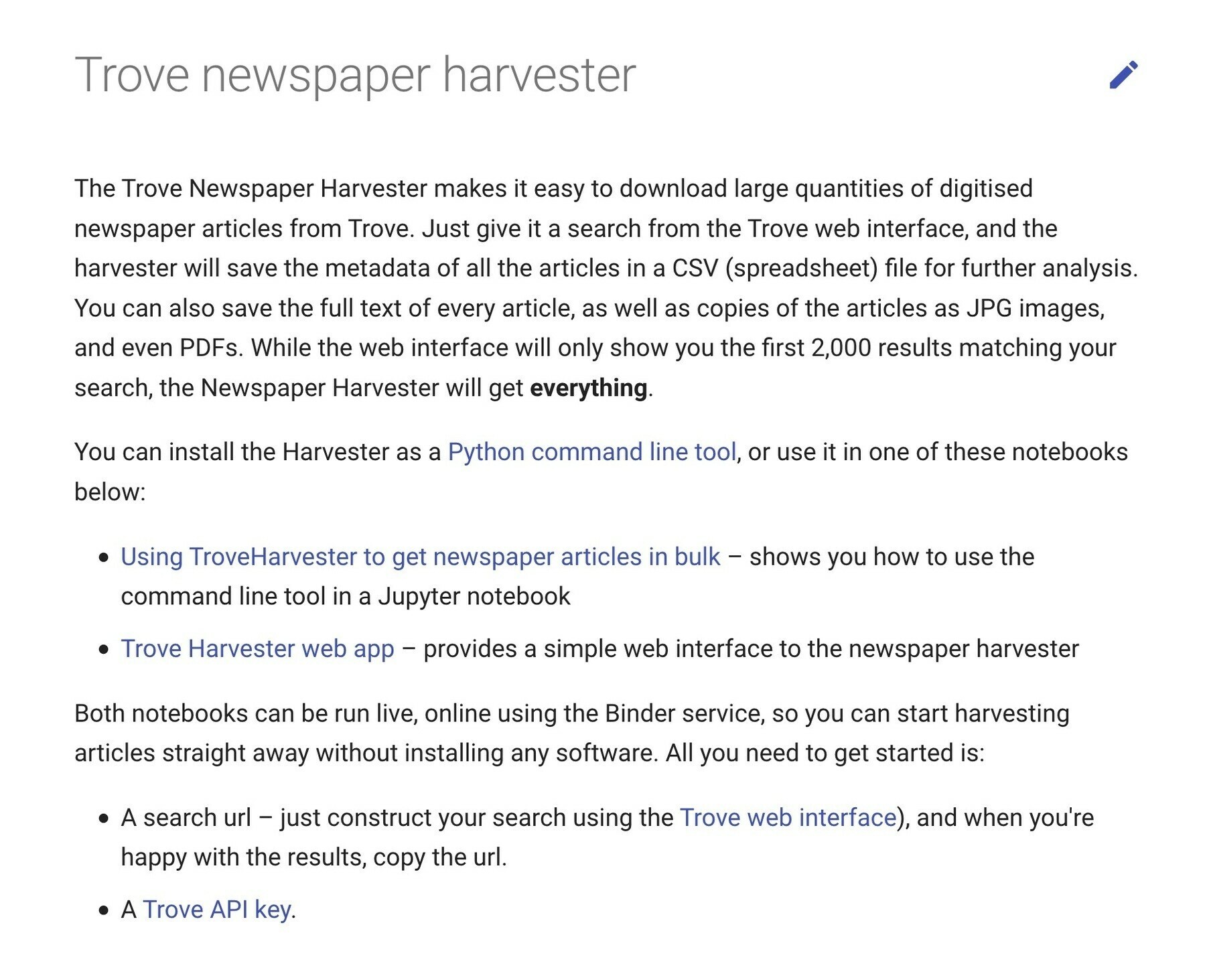 Screenshot of Trove Harvester page in GLAM Workbench