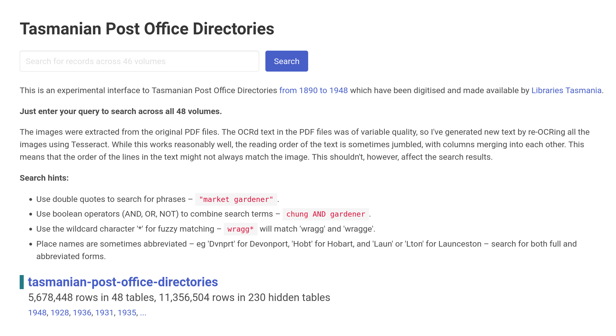 Screenshot of the search screen for Tasmanian Post Office Directories.