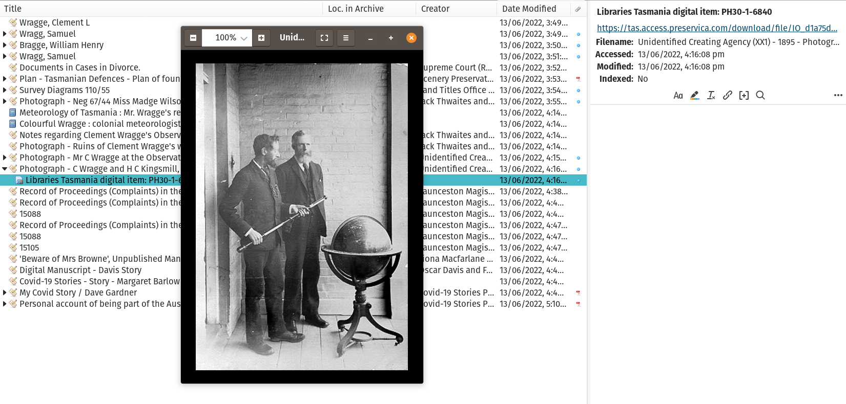 Screenshot of Zotero interface showing captured Libraries Tasmania records.